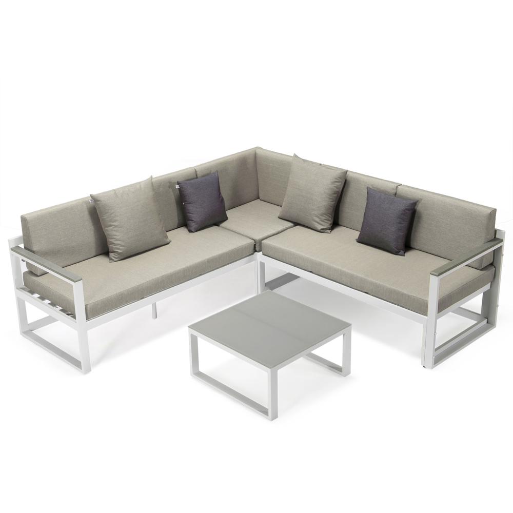 LeisureMod Chelsea White Sectional With Adjustable Headrest & Coffee Table With Two Tone Cushions CSLW-80BG-BU