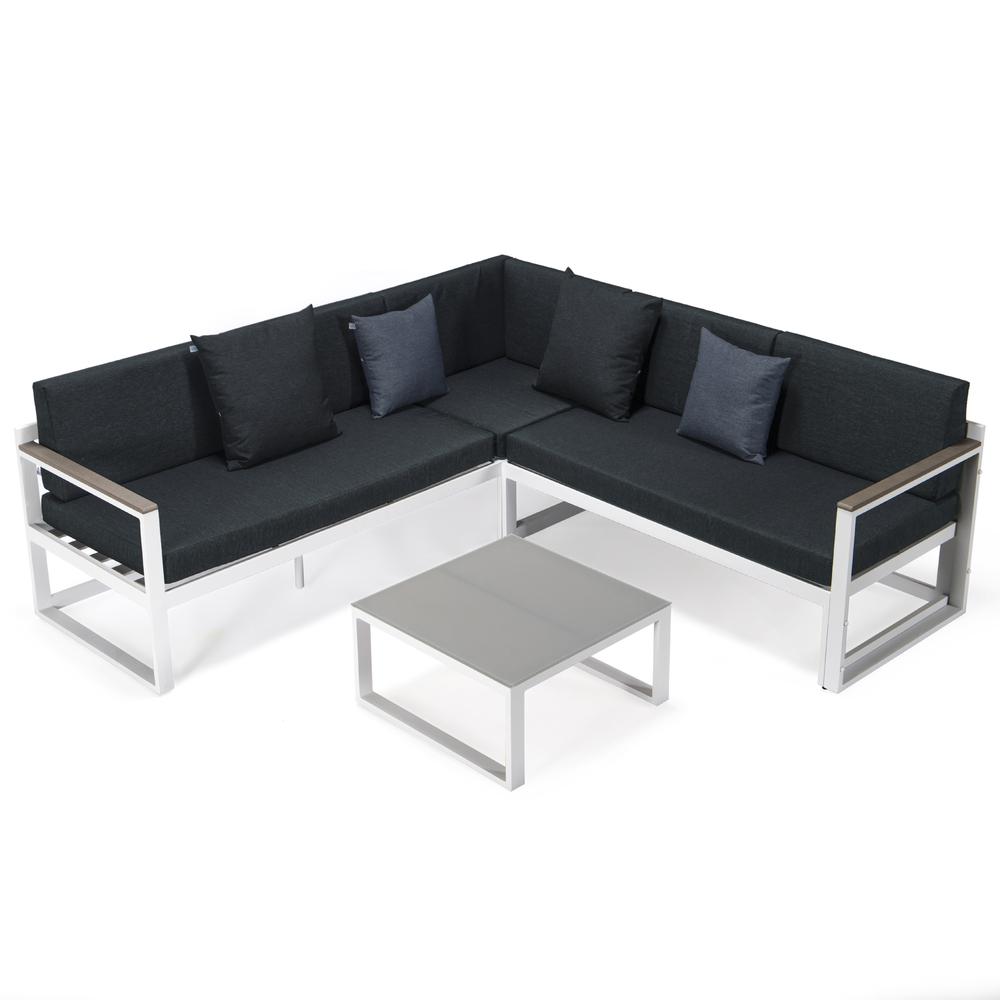 LeisureMod Chelsea White Sectional With Adjustable Headrest & Coffee Table With Two Tone Cushions CSLW-80BL-BU