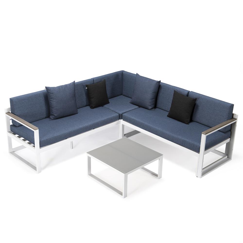 LeisureMod Chelsea White Sectional With Adjustable Headrest & Coffee Table With Two Tone Cushions CSLW-80BU-BL