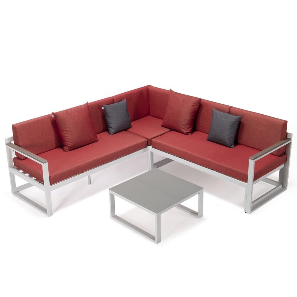 LeisureMod Chelsea White Sectional With Adjustable Headrest & Coffee Table With Two Tone Cushions CSLW-80R-BU