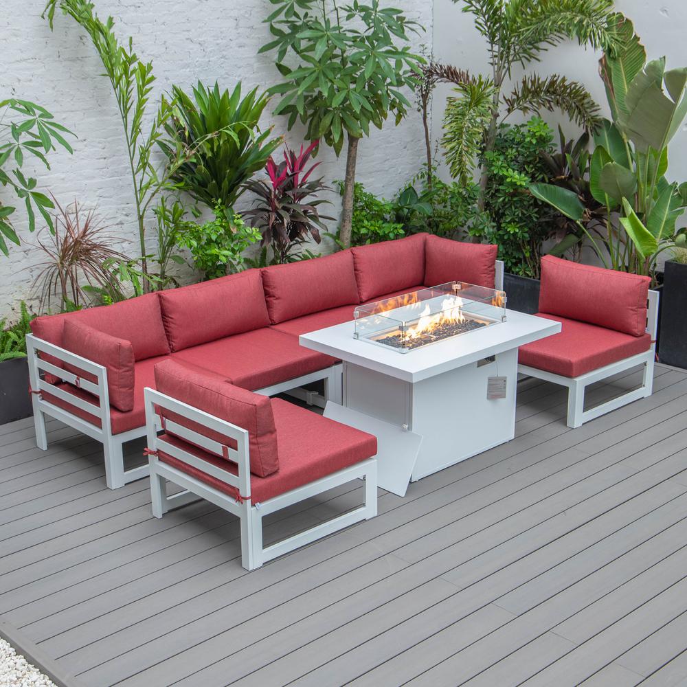 LeisureMod Chelsea 7-Piece Patio Sectional And Fire Pit Table White Aluminum With Cushions CSFW-7R