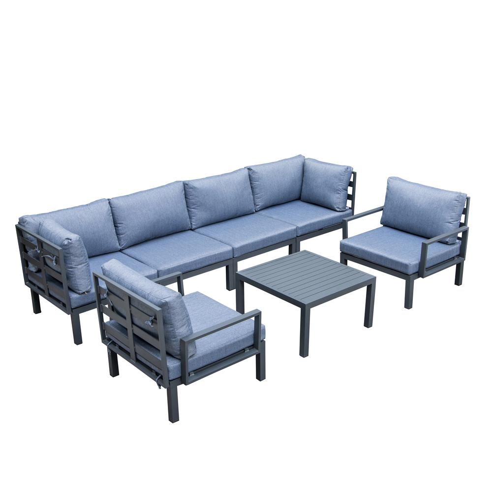 LeisureMod Hamilton 7-Piece Aluminum Patio Conversation Set With Coffee Table And Cushions Charcoal Blue