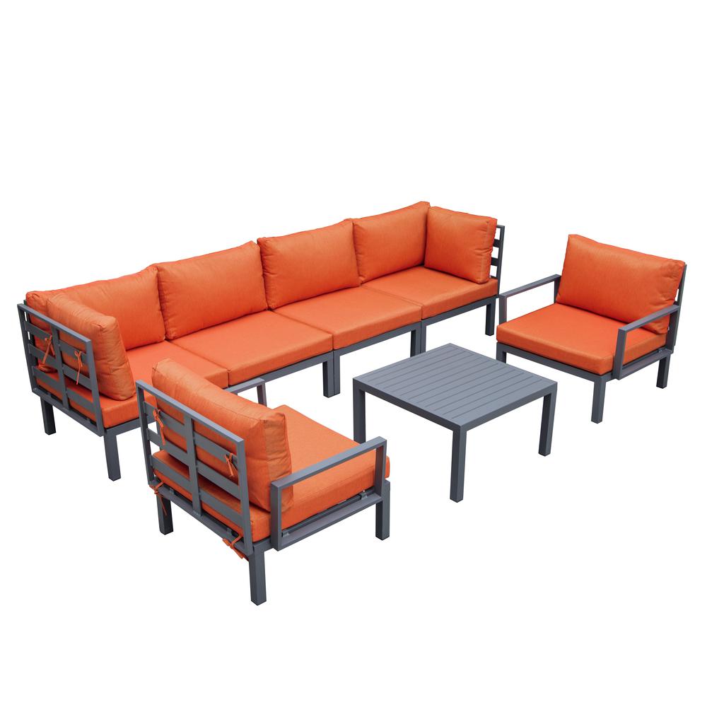 LeisureMod Hamilton 7-Piece Aluminum Patio Conversation Set With Coffee Table And Cushions Orange