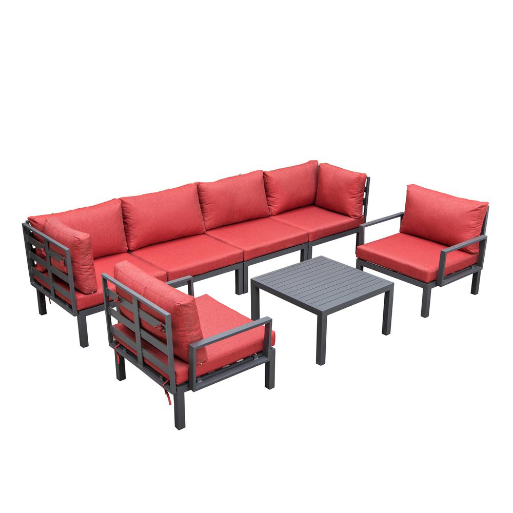 LeisureMod Hamilton 7-Piece Aluminum Patio Conversation Set With Coffee Table And Cushions Red