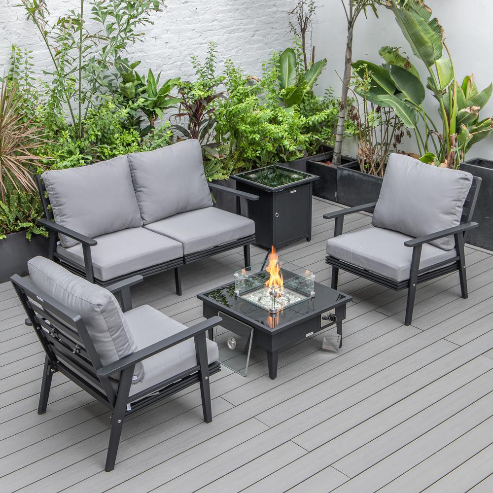 LeisureMod Walbrooke Modern Black Patio Conversation With Square Fire Pit & Tank Holder, Grey