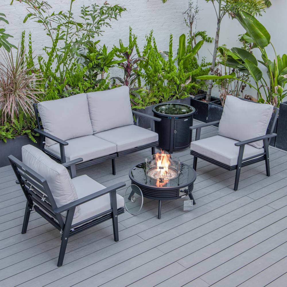 LeisureMod Walbrooke Modern Black Patio Conversation With Round Fire Pit With Slats Design & Tank Holder, Light Grey