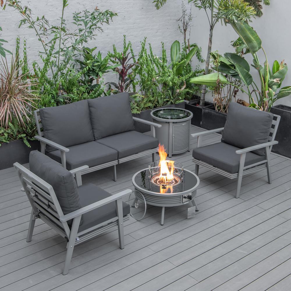 LeisureMod Walbrooke Modern Grey Patio Conversation With Round Fire Pit With Slats Design & Tank Holder, Charcoal