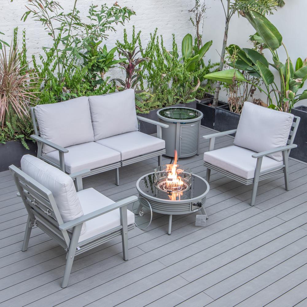 LeisureMod Walbrooke Modern Grey Patio Conversation With Round Fire Pit With Slats Design & Tank Holder, Light Grey