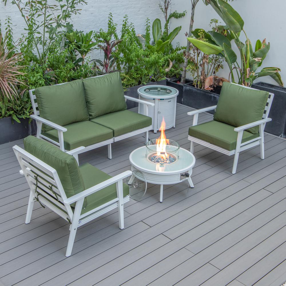 LeisureMod Walbrooke Modern White Patio Conversation With Round Fire Pit With Slats Design & Tank Holder, Green