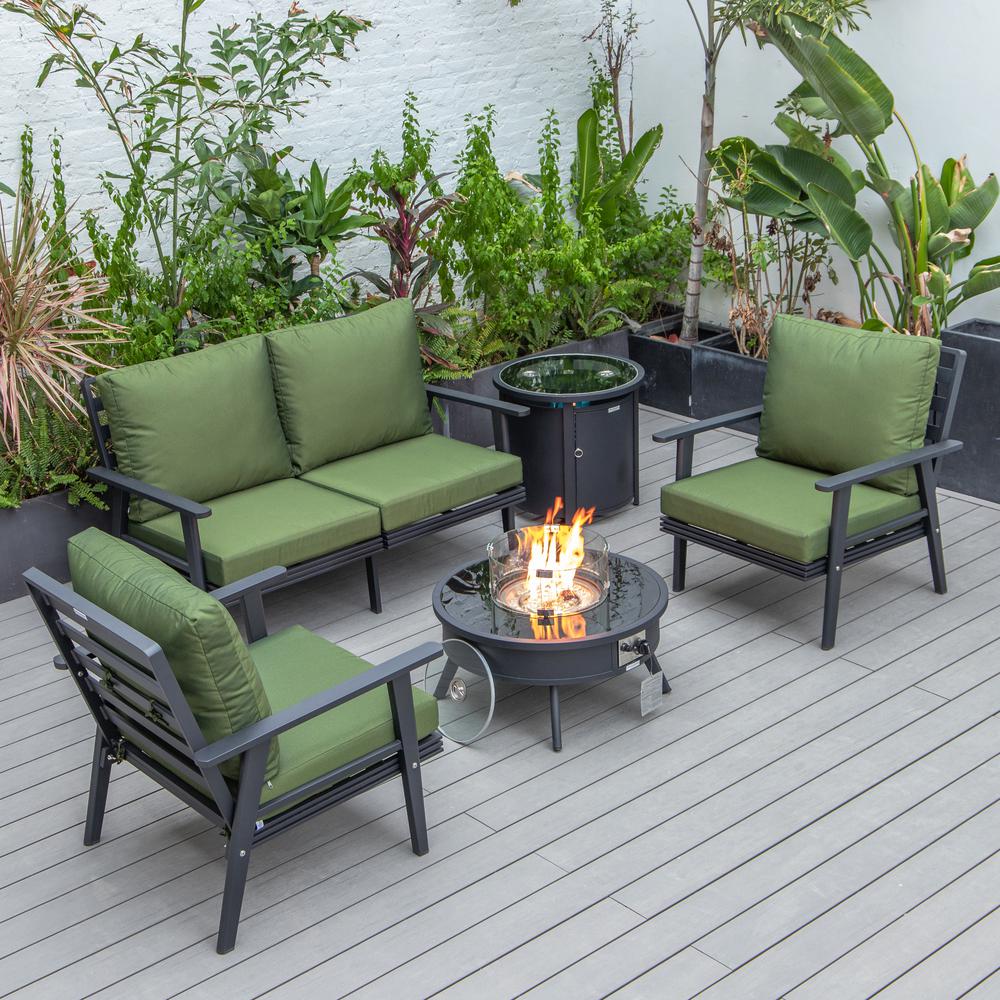 LeisureMod Walbrooke Modern Black Patio Conversation With Round Fire Pit & Tank Holder, Green