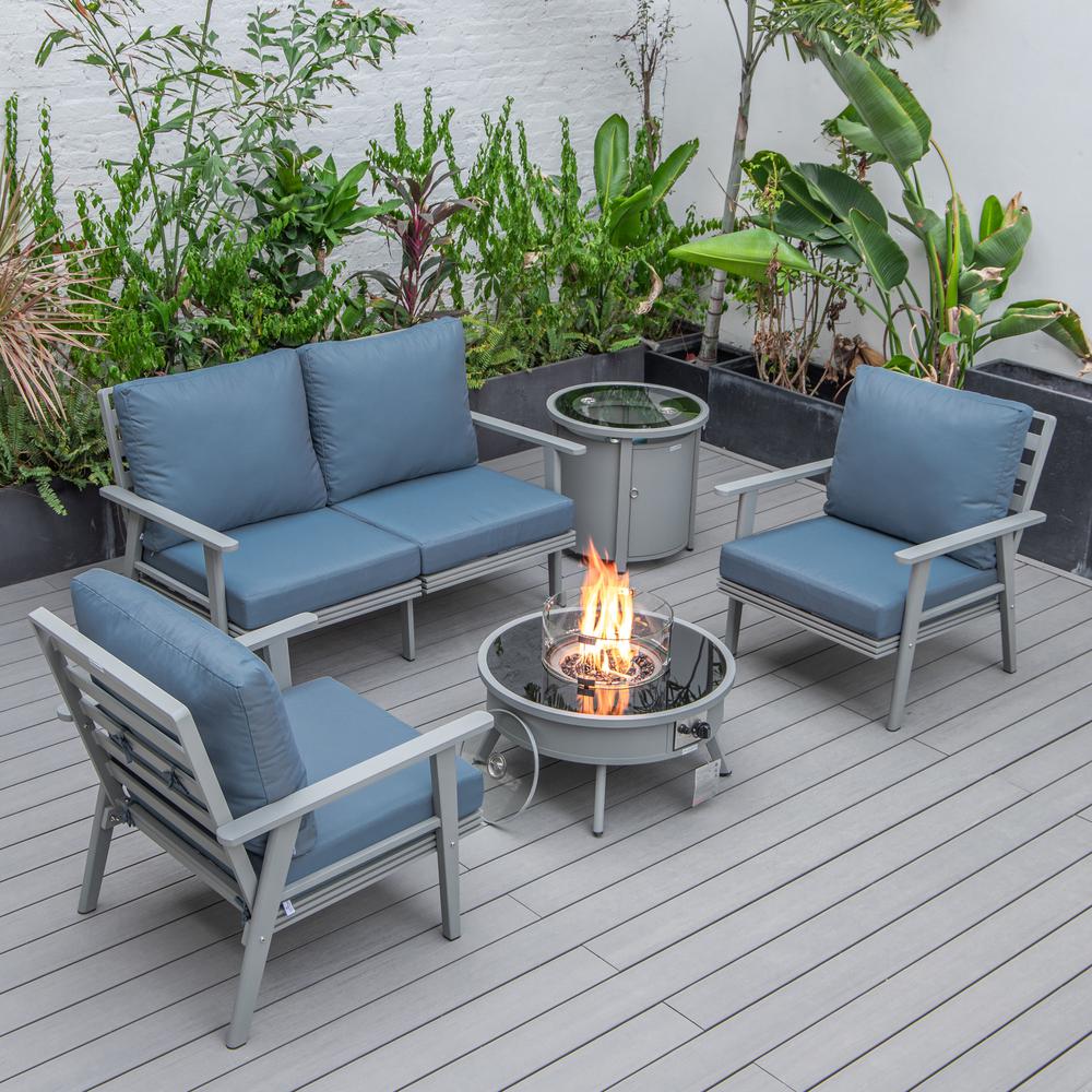 LeisureMod Walbrooke Modern Grey Patio Conversation With Round Fire Pit & Tank Holder, Navy Blue