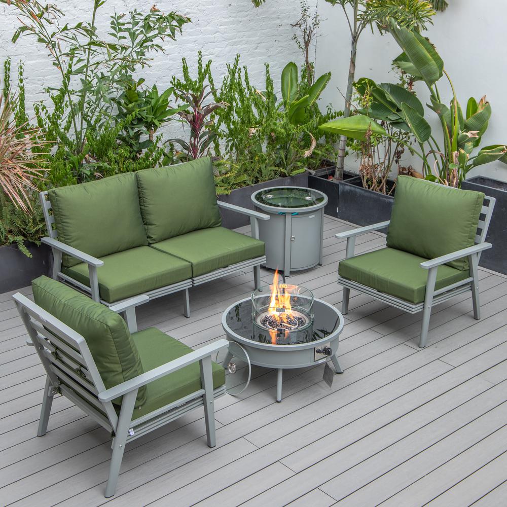 LeisureMod Walbrooke Modern Grey Patio Conversation With Round Fire Pit & Tank Holder, Green