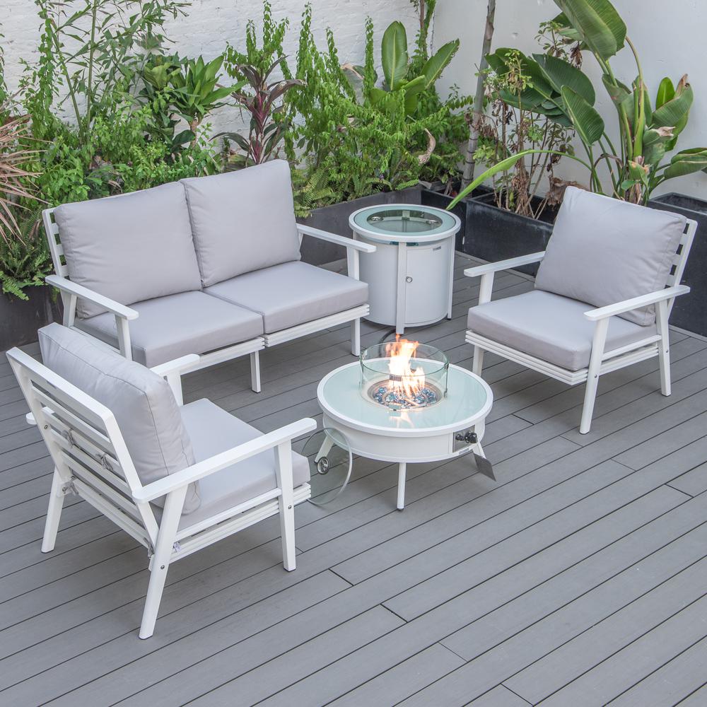 LeisureMod Walbrooke Modern White Patio Conversation With Round Fire Pit & Tank Holder, Light Grey