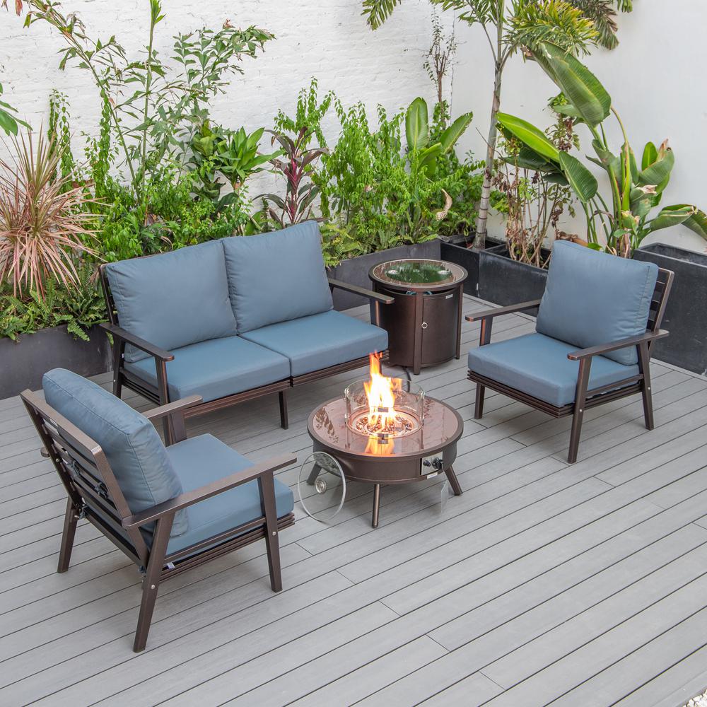 LeisureMod Walbrooke Modern Brown Patio Conversation With Round Fire Pit & Tank Holder, Navy Blue