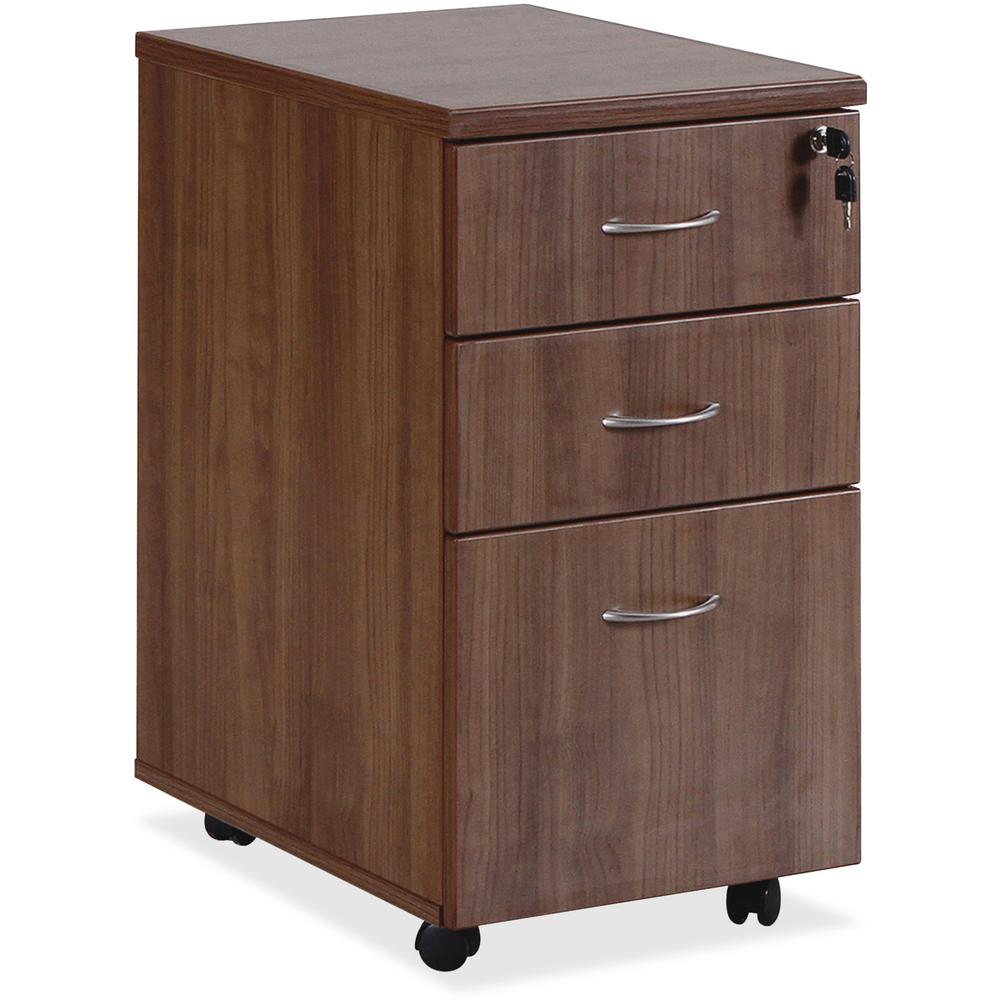 Lorell Essentials Walnut Freestanding Mobile Pedestal - 3-Drawer - 1" Top, 3.8" Drawer Pull, 0.1" Edge, 15.8" x 22"28.4" Pedesta