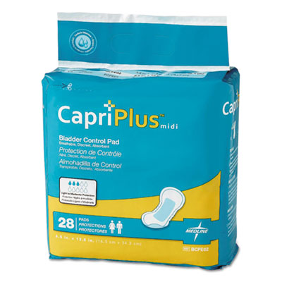 Capri Plus Bladder Control Pads, Extra Plus, 6 1/2" x 13 1/2", 28/Pack, 6/Case