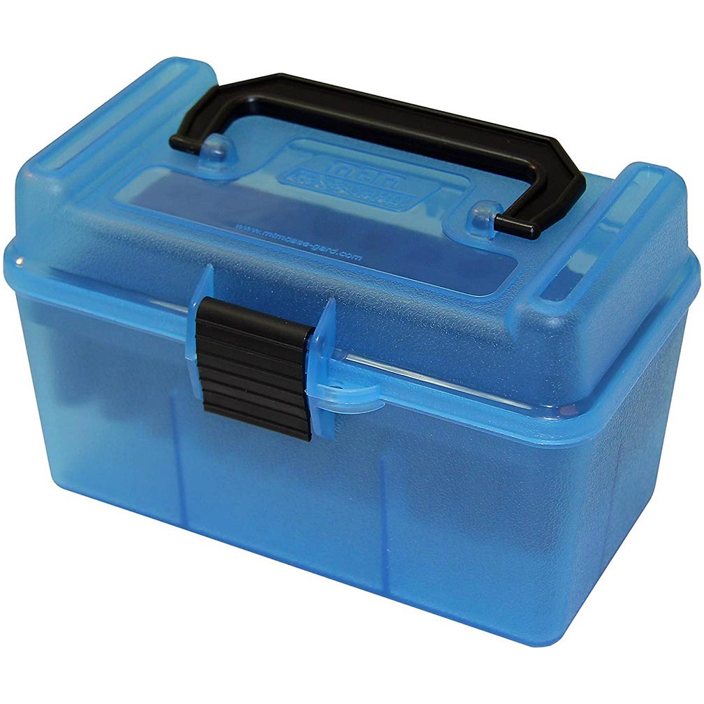 MTM Deluxe Ammo Box 50 Round Handle 22-250 243 308 Clear Blue