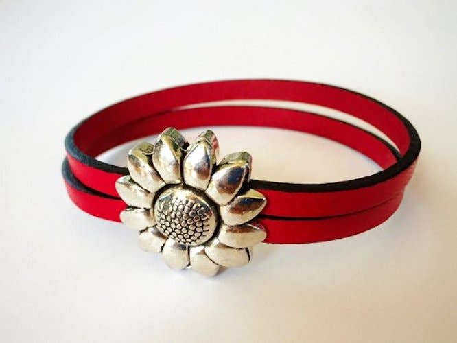 Children's Flower Leather Bracelet (Silver or Brass) 5 1/2 inches Silver/Dark Pink