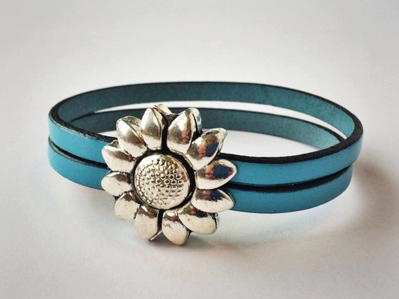 Children's Flower Leather Bracelet (Silver or Brass) 5 1/2 inches Silver/Light Blue