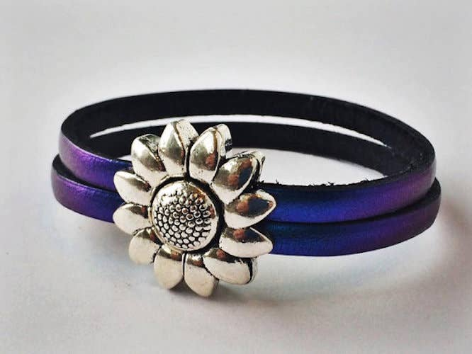 Children's Flower Leather Bracelet (Silver or Brass) 5 1/2 inches Silver/Metallic Purple