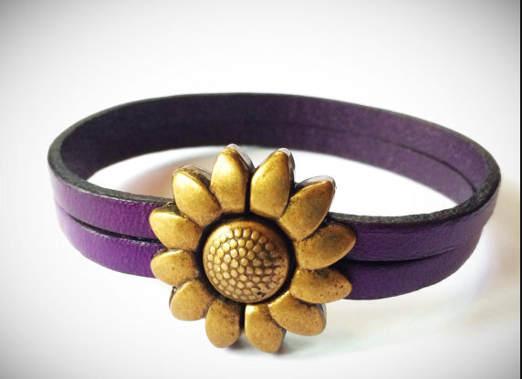 Children's Flower Leather Bracelet (Silver or Brass) 5.5 inches Brass/Dark Purple