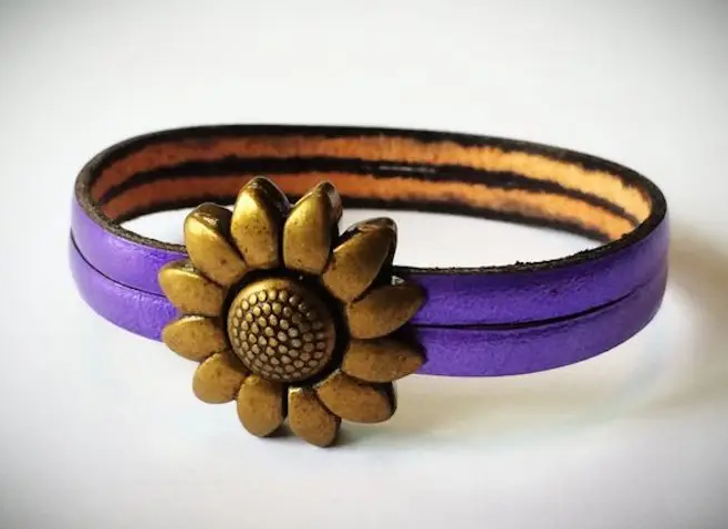 Children's Flower Leather Bracelet (Silver or Brass) 5.5 inches Brass/Metallic Purple