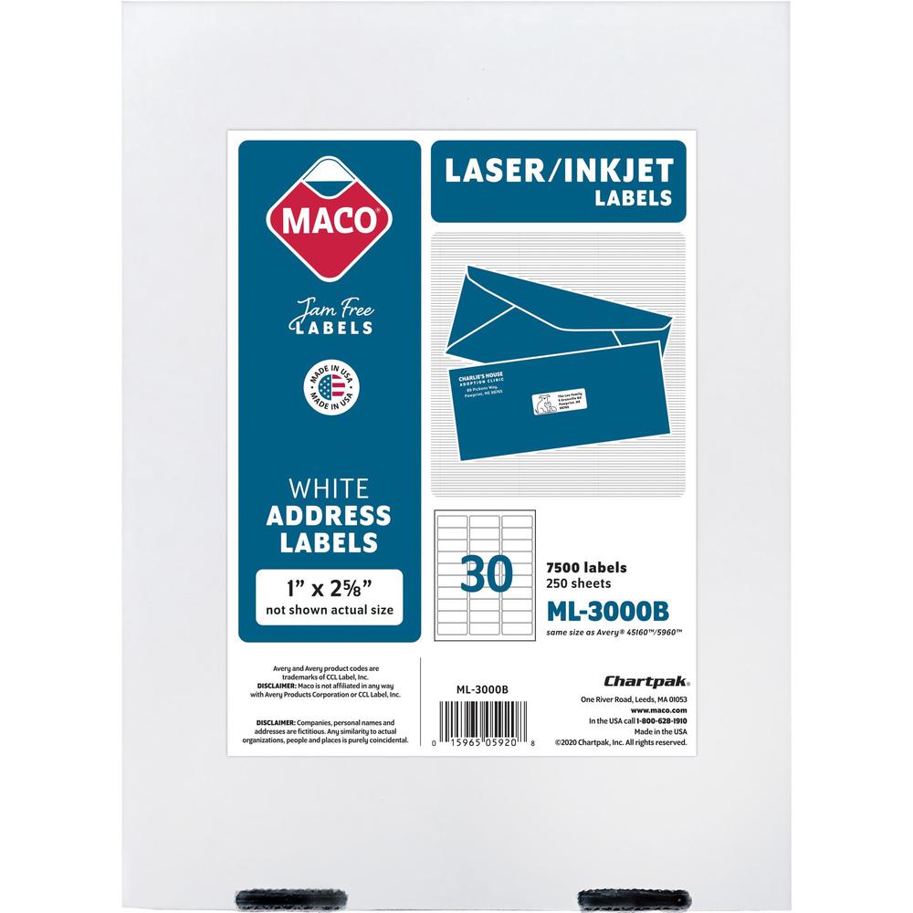 MACO White Laser/Ink Jet Address Label - 1" x 2 5/8" Length - Permanent Adhesive - Rectangle - Laser, Inkjet - White - 30 / Shee