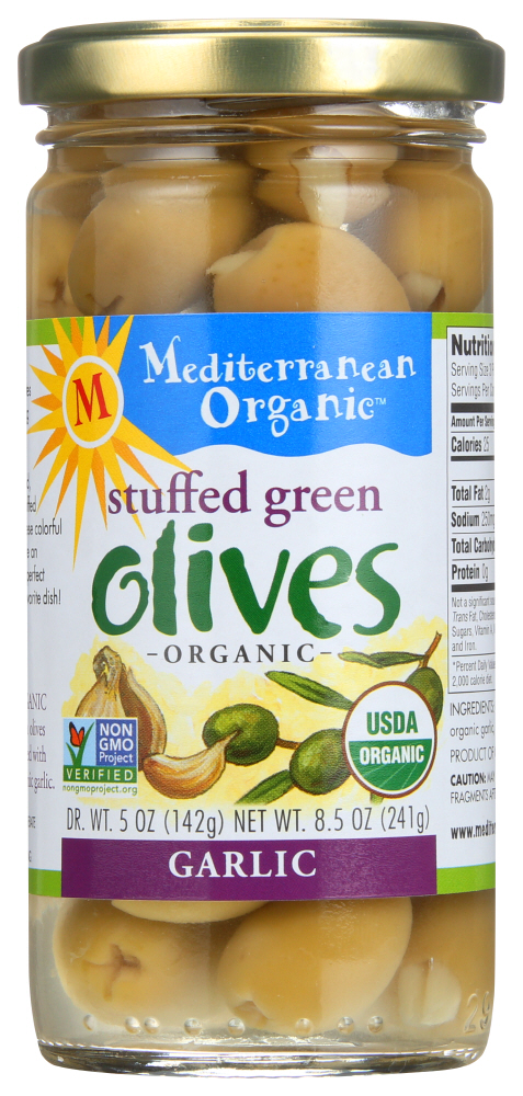 Mediterranean Organics Green Stuffed Garlic Olives (12x8.5 Oz)