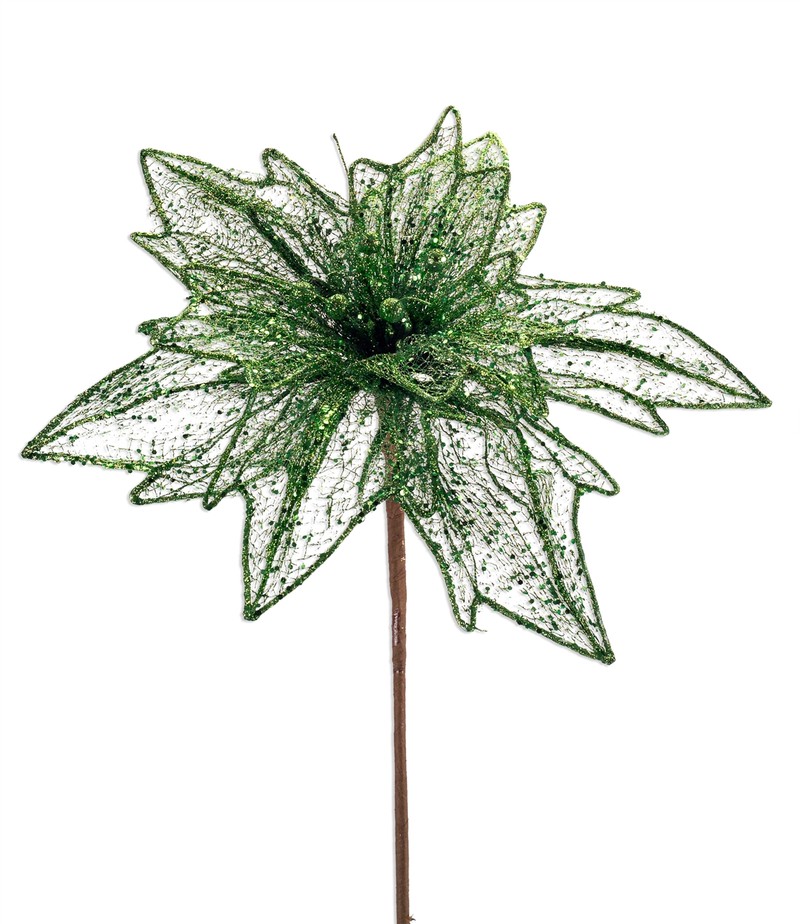 Glittered Mesh Poinsettia Stem (Set of 4) 36"H Polyester