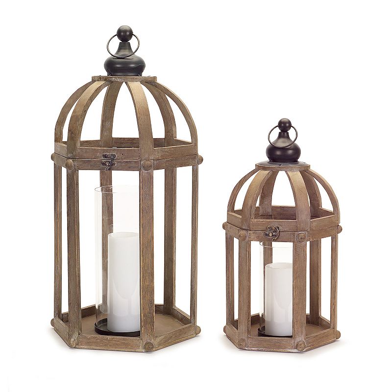 Lanterns (Set of 2) 21"H, 28"H Wood/Metal/Glass