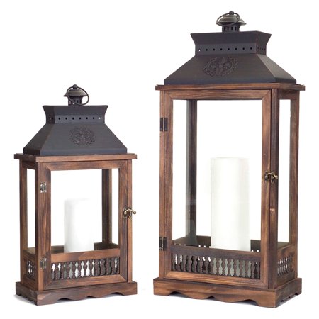 Lanterns (Set of 2) 21"H, 27.5"H Wood/Metal/Glass