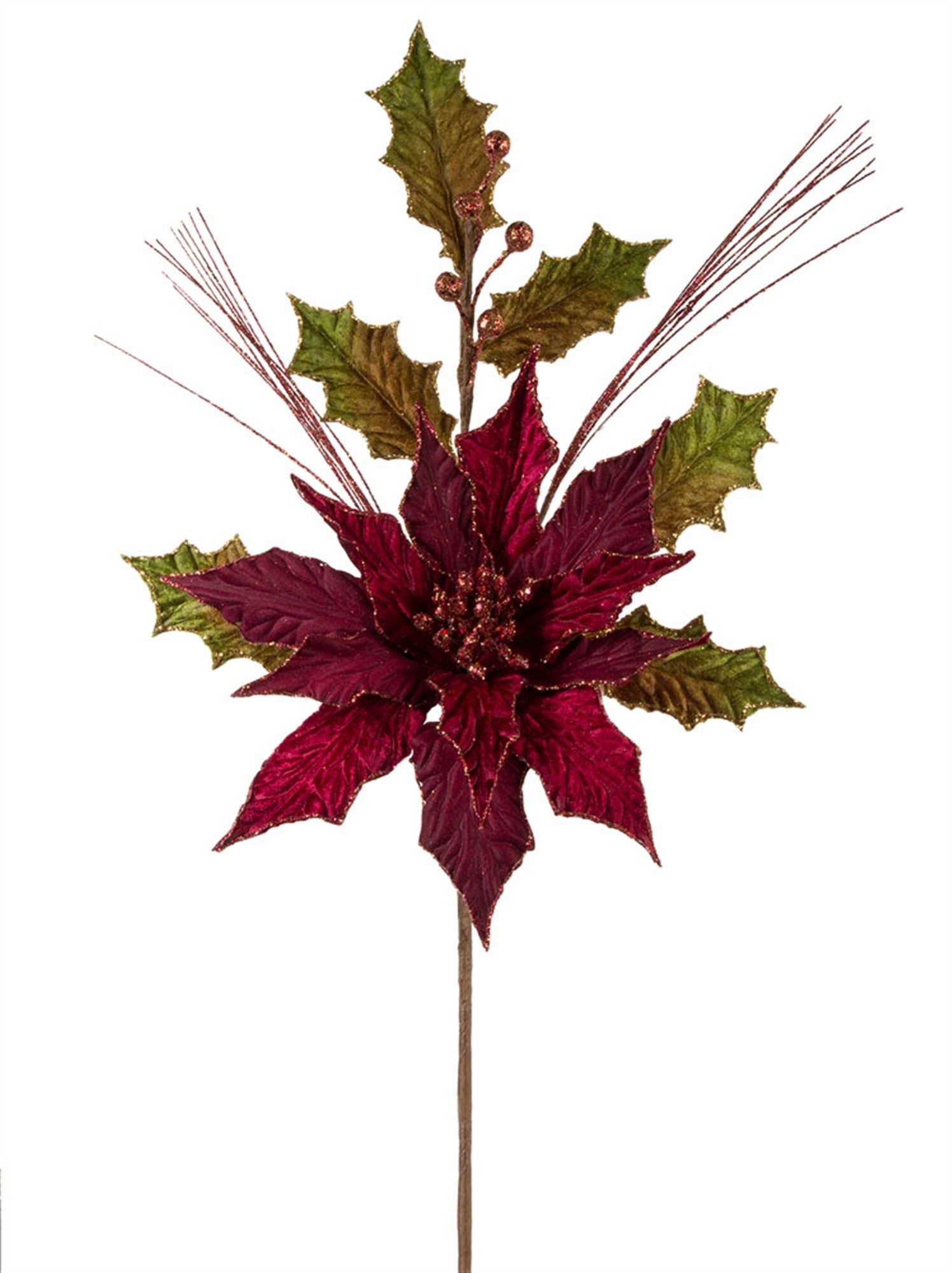 Poinsettia and Holly Stem 20"H (Set of 12) Polyester