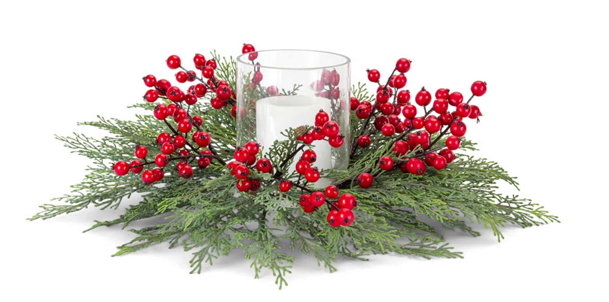 Pine and Berry Candleholder 18"D x 8"H (Set of 2) Plastic/Glass