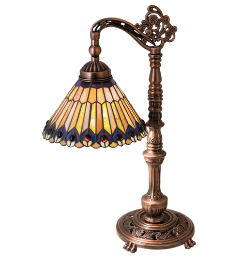 19"H Tiffany Jeweled Peacock Bridge Arm Desk Lamp