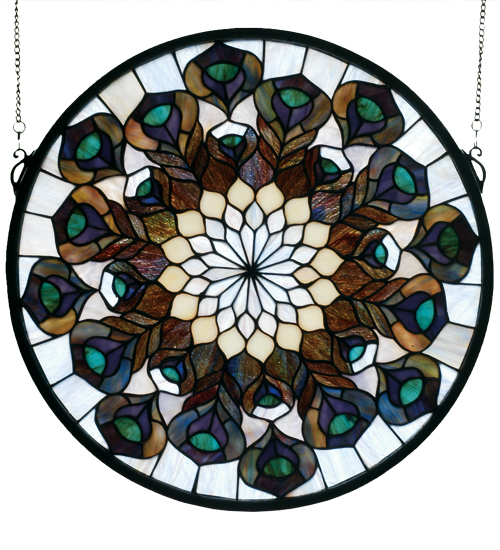 17"W X 17"H Tiffany Peacock Feather Medallion Stained Glass Window