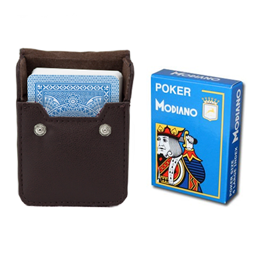 Lt Blue Modiano Cristallo, Poker Size, 4 PIP w/ Leather Case