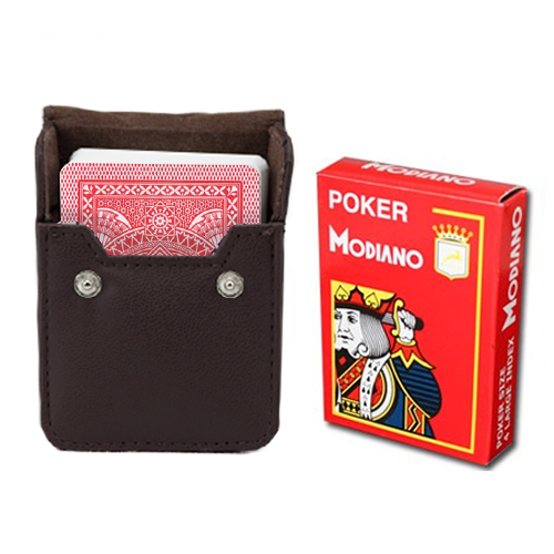 Red Modiano Cristallo, Poker Size, 4 PIP w/ Leather Case