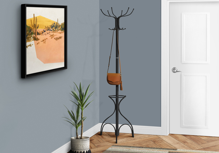 COAT RACK - 70"H / BLACK METAL WITH AN UMBRELLA HOLDER