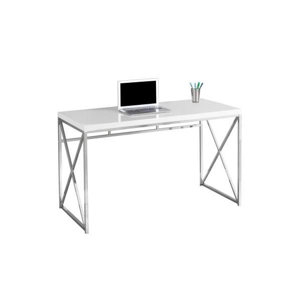 48&quot; Computer Desk Criss-Cross Metal Legs, Chrome Metal Base and Glossy White Top