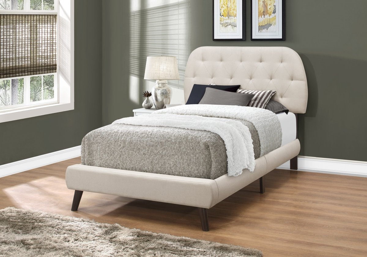 BED - TWIN SIZE / BEIGE LINEN WITH BROWN WOOD LEGS