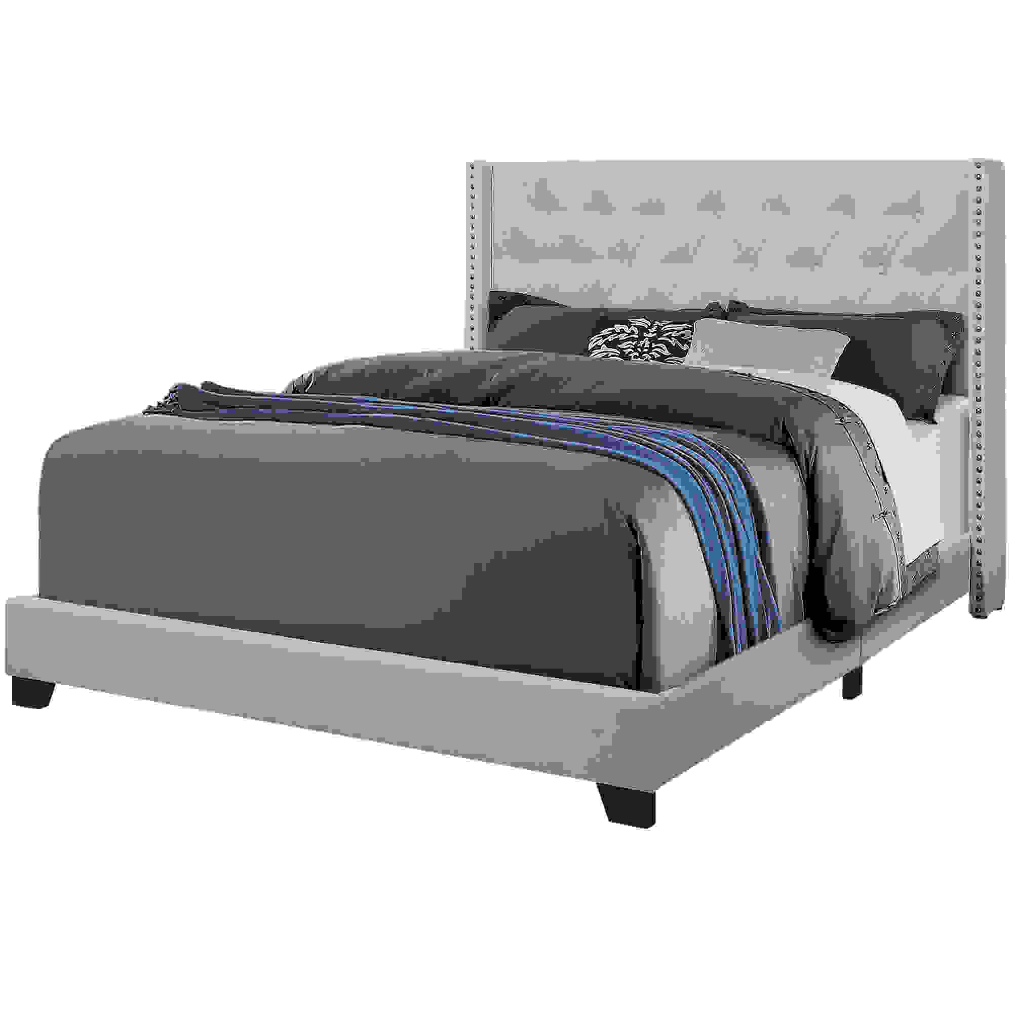 BED - QUEEN SIZE / LIGHT GREY VELVET WITH CHROME TRIM