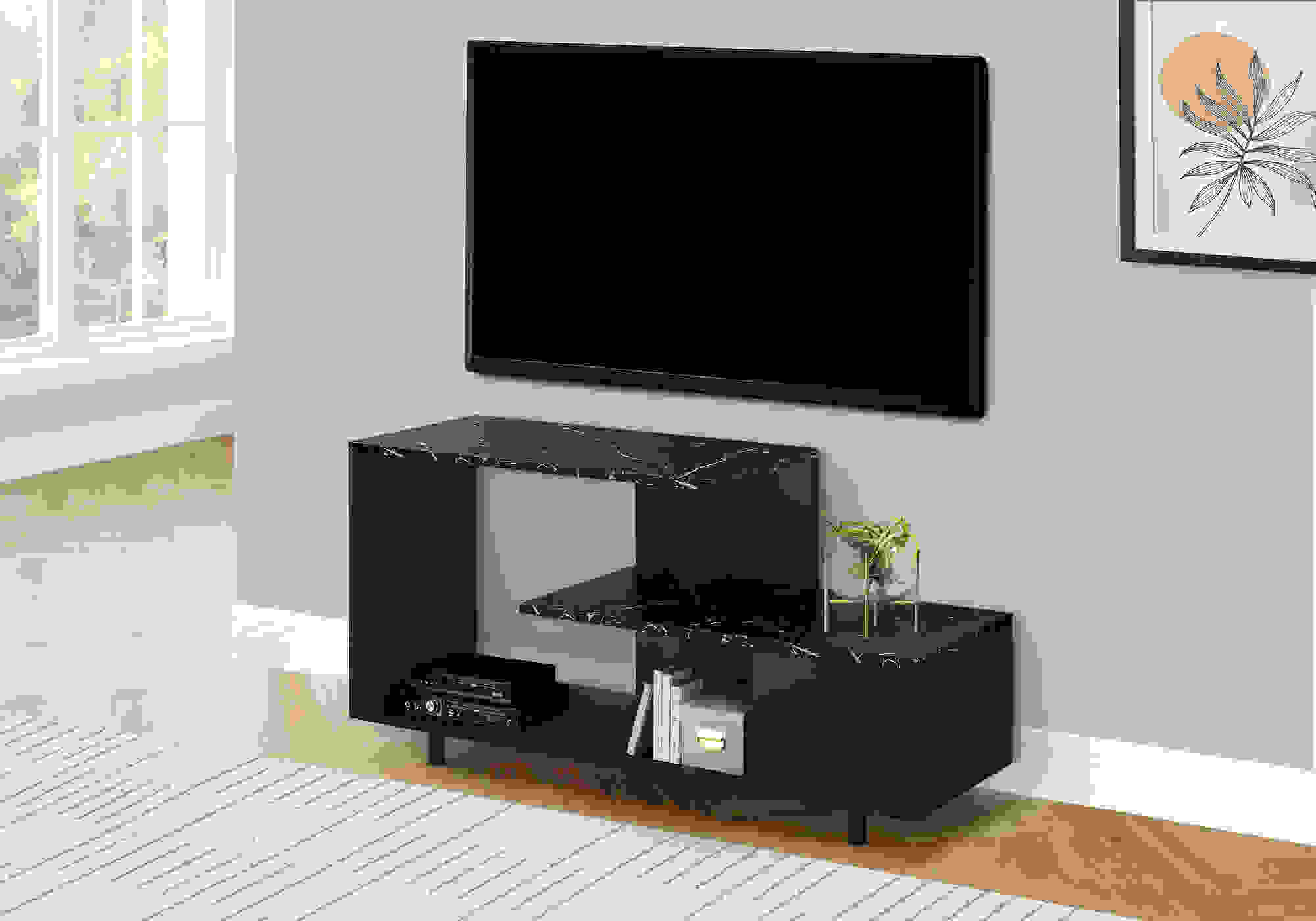 TV STAND - 48"L / BLACK / BLACK MARBLE TOP / 1 DRAWER