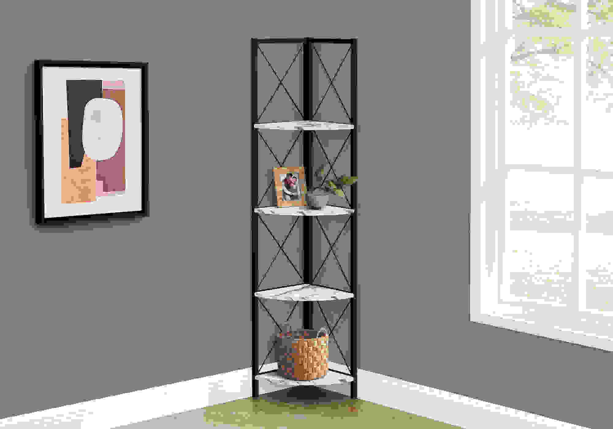 BOOKCASE - 60"H / WHITE MARBLE / BLACK METAL CORNER