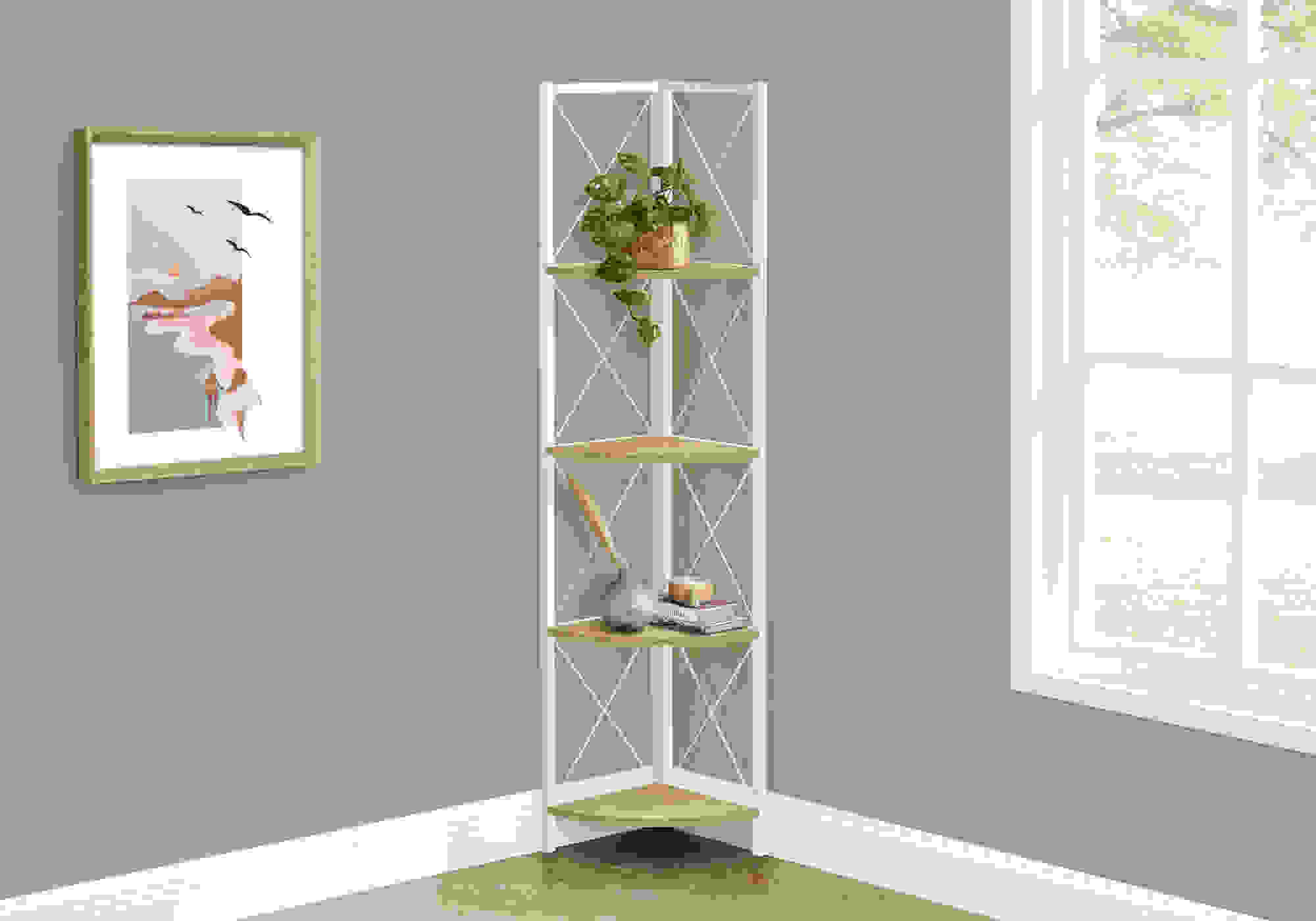 BOOKCASE - 60"H / NATURAL / WHITE METAL CORNER ETAGERE