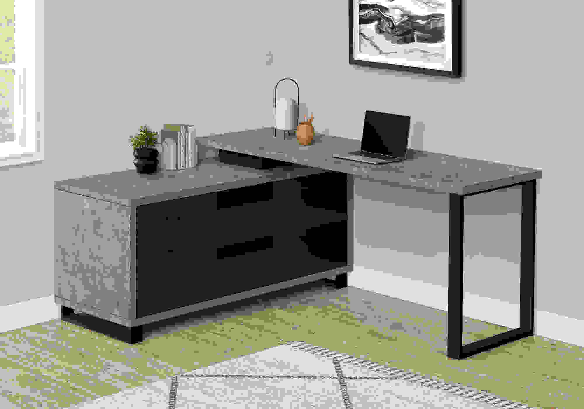 COMPUTER DESK - 72"L GREY CONCRETE/BLACK EXECUTIVE CORNER