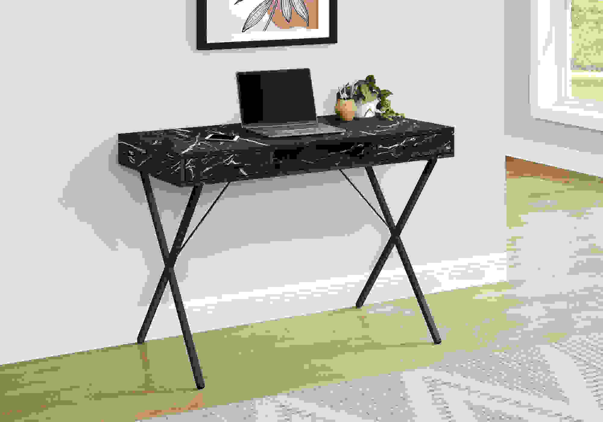 COMPUTER DESK - 42"L / BLACK MARBLE / BLACK METAL