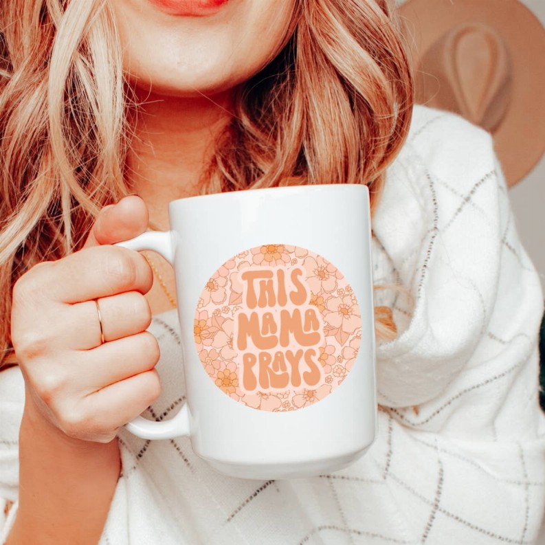 This mama prays ceramic coffee mug