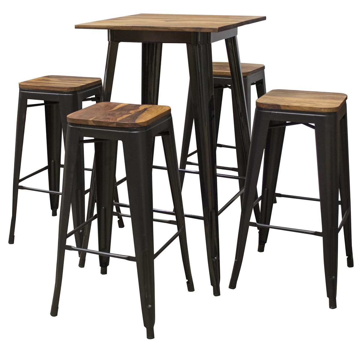 5 Piece Pub Table Set with Rosewood Top and Metal Legs, Seats 4