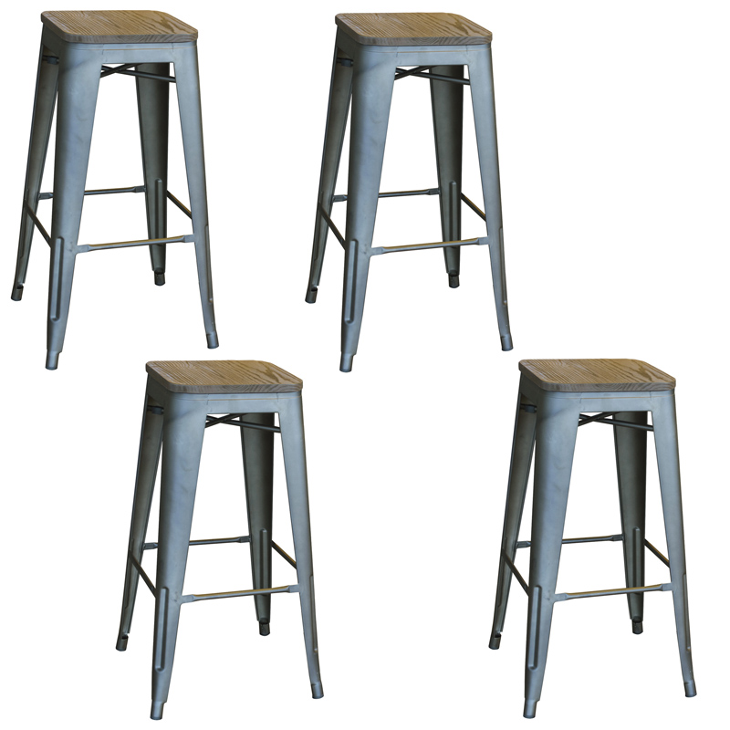 AmeriHome Loft Rustic Gunmetal Metal Bar Stool with Wood Seat- 4 Piece