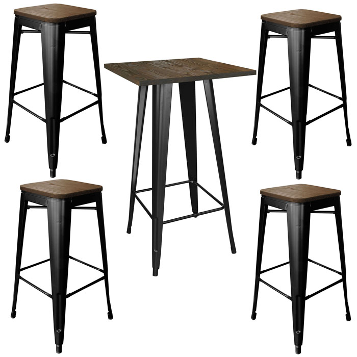 Loft Glossy Black Pub Set with Wood Tops - 5 Piece